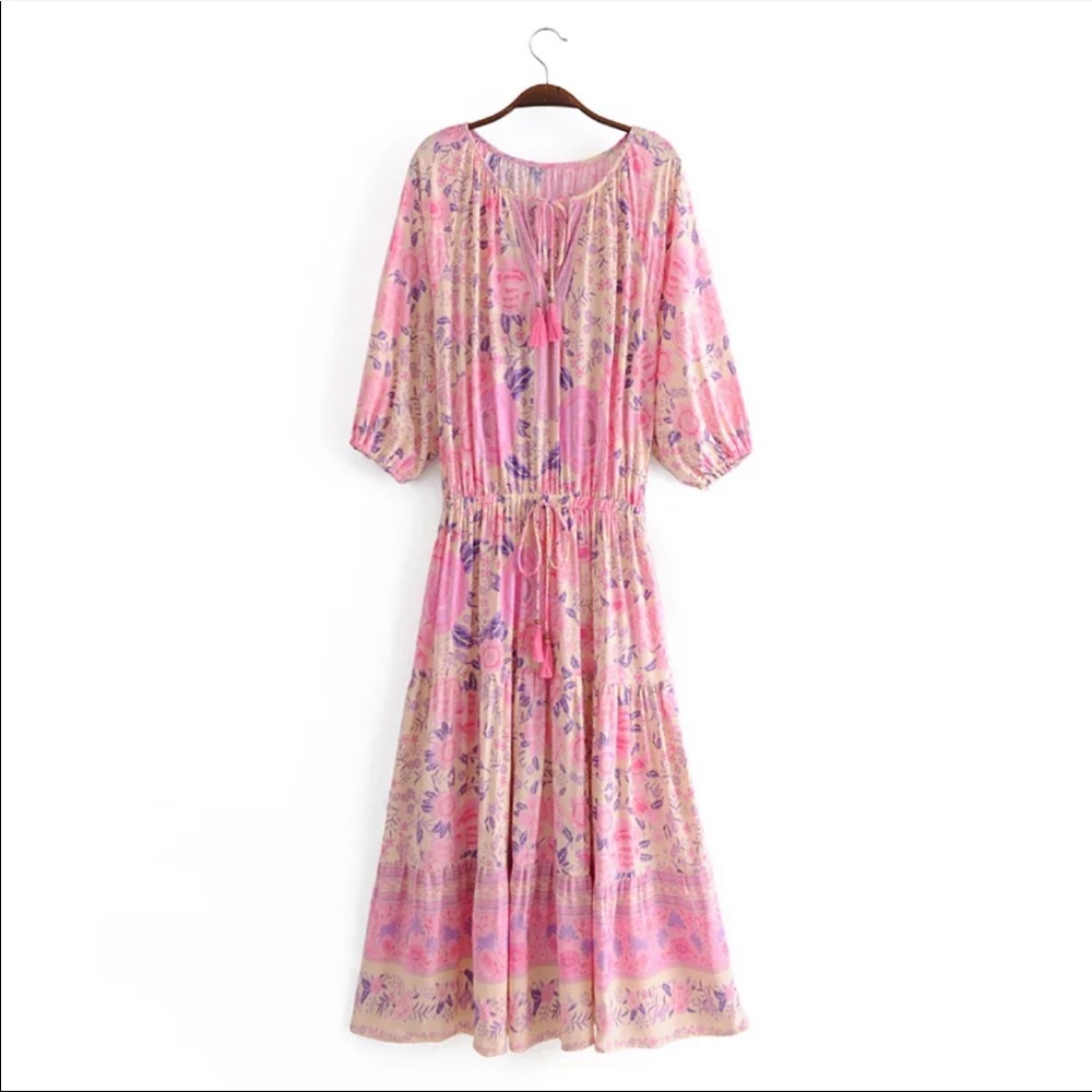 Pink boho gypsy midi dress floral print cream - Picture 3 of 7